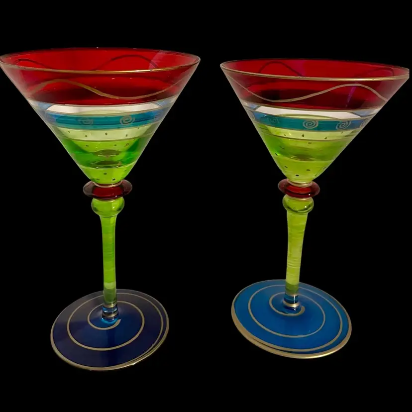 Hand Painted Martini Glasses Festive Gold Rim Colorful Set Of 2