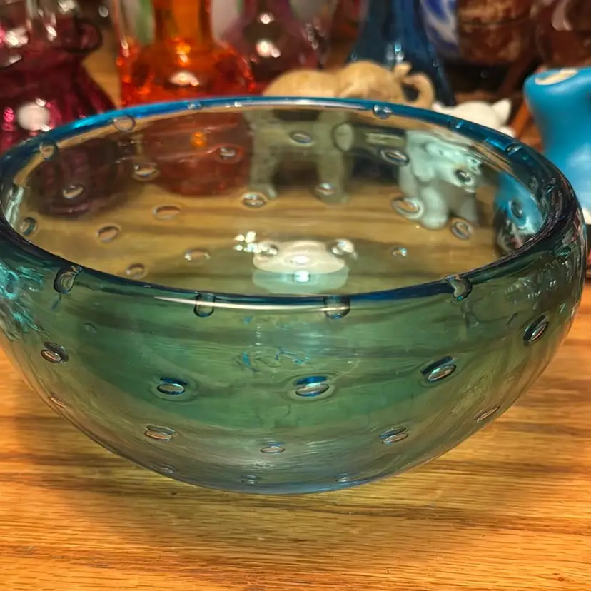 Turquoise Hand Blown Controlled Bubble Art Glass Bowl