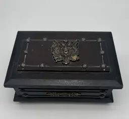 Vintage Wood Jewelry Box Lion’s Crest 8.5" Red Interior