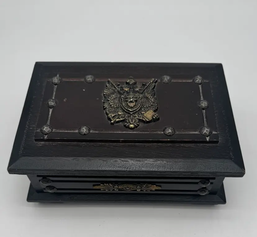 Vintage Wood Jewelry Box Lion’s Crest 8.5" Red Interior