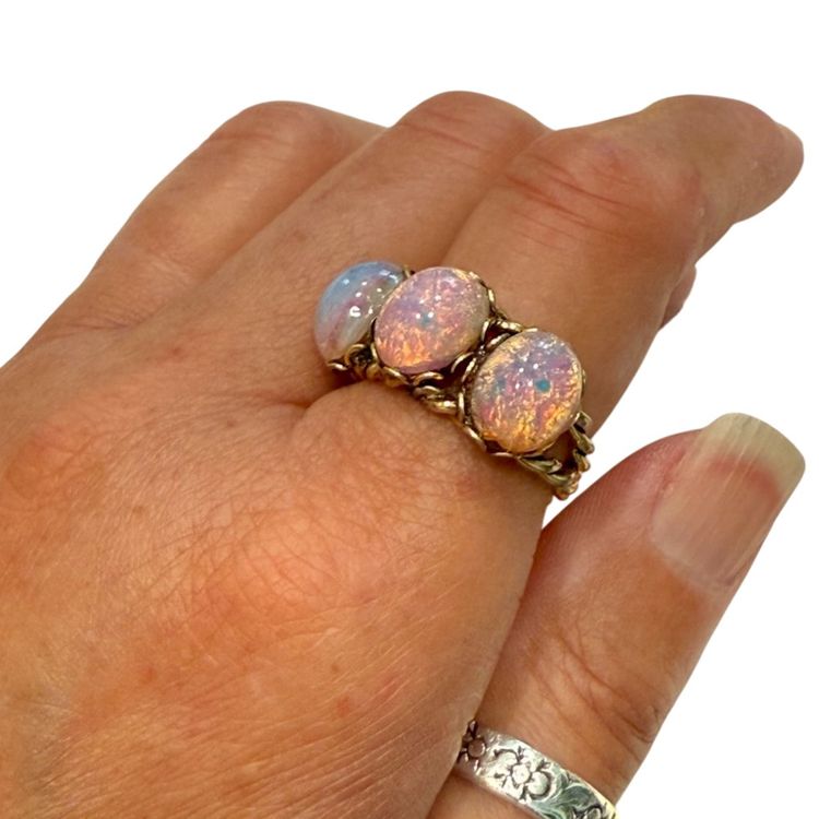 Vintage MCM GoldTone Rope Design Pink Dragons Breath Faux Opal Glass Cabochon 3 Stone Adjustable Ring, Size 7
