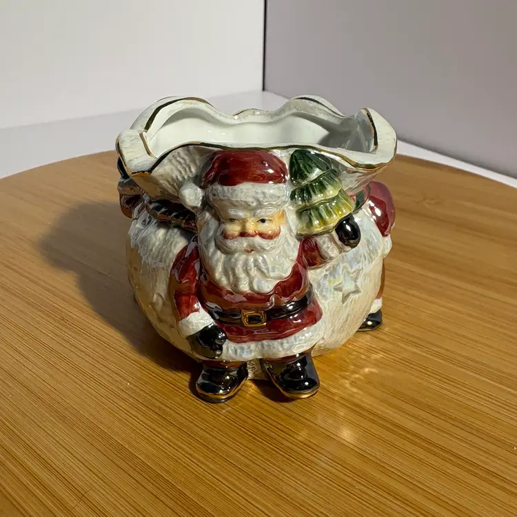 Vintage Iridescent Glazed Santa Candy Dish Bowl Candle Holder Christmas Holiday