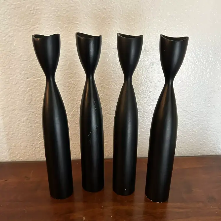 Set/2 Danish Modern Black 11.5" Turned Teak MCM Candle Sticks | Holders Denmark