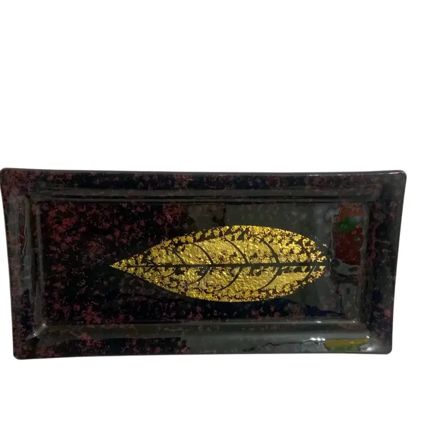 #4B Gorgeous Reverse Painted Fused Glass Trinket Dish Eggplant Purple With Gold Leaf Trinket Vanity  13.75” By 6.75”