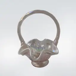 Fenton 6” Basket Lambs Tongue Iridescent Opalescent Pink Champagne Ruffled Edge Twisted Satin Handle
6” T x 5” W