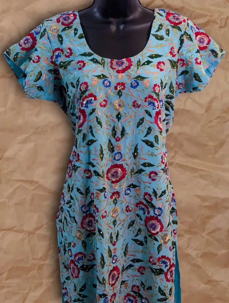 Vintage Handmade Teal Blue Red Floral Embroidered Beaded Leaf Flower Short Sleeve Mini Dress