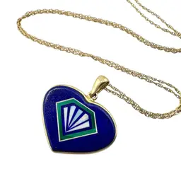 14K Opal Lapis Malachite Intarsia Heart Yellow Gold Pendant 18" Chain Necklace