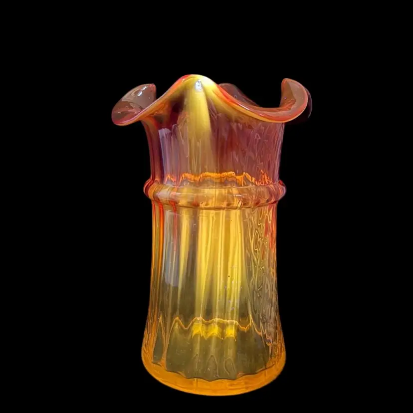 Celery Vase Amberina Art Glass Unusual Vertical And Diamond Optic Patterns Glows
7.5” T x 5” W
