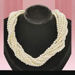 Vtg Faux Pearl Bead Eight 8 Strand Twisted Silver-tone Necklace Japan Short 15"