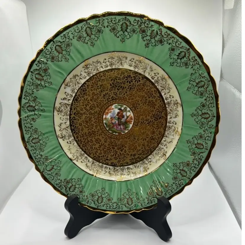 Czechoslovakian P.A.L.T. Green and Gold Decorative 8.5” Plate man serenading
