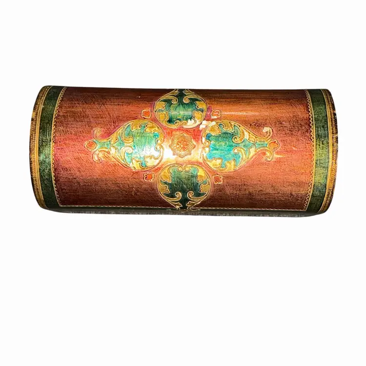 Vintage Italian Florentine Jewelry Box Red Gold Gilt Wood Chest Green Lined 11.5