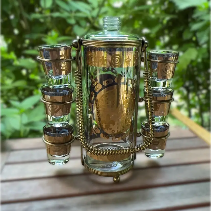 🔔 Vito Bari Mid-Century Modern Decanter And 6 Shot Glass Set With Brass Caddy