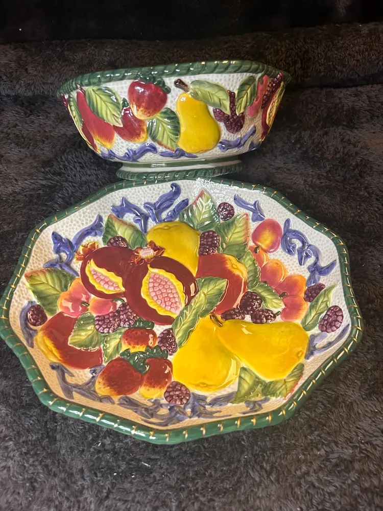 Fitz & Floyd Florentine Fruits Ceramic Oval Vegetable Dish And Round Bowl
