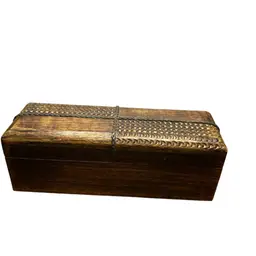 8x3x3 1/2 Wooden Box With Carved Design And Metal Embellishment