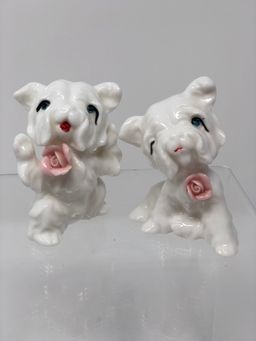 Winking Puppy and Pal Porcelain Dogs with Pink Roses
