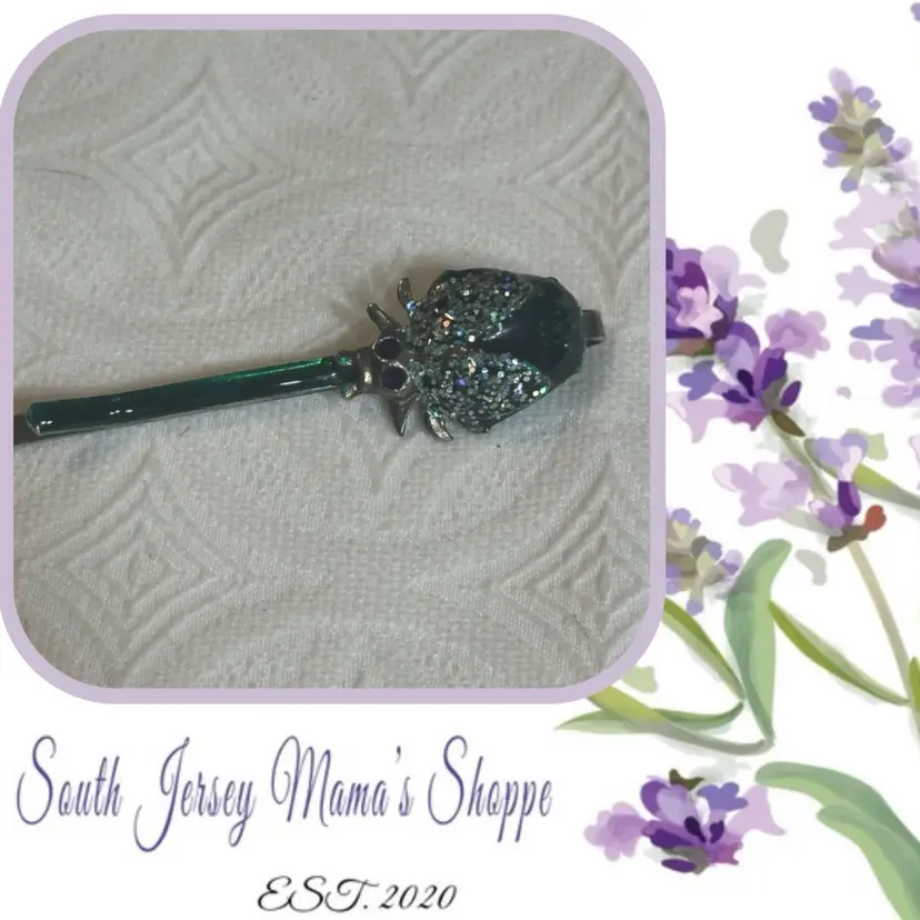 Vintage Silver Tone Beetle Bobby Pin Green Enamel And Rhinestone Accent