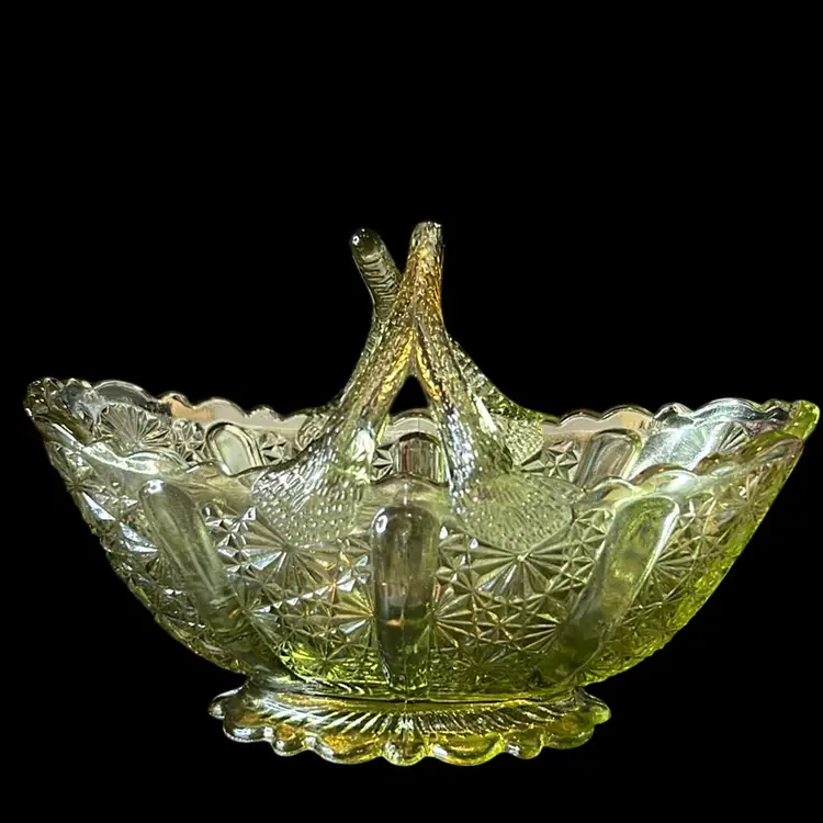 Vintage Fenton Daisy & Button Olive Green Glass Basket: 6”x 4”x 2.75”