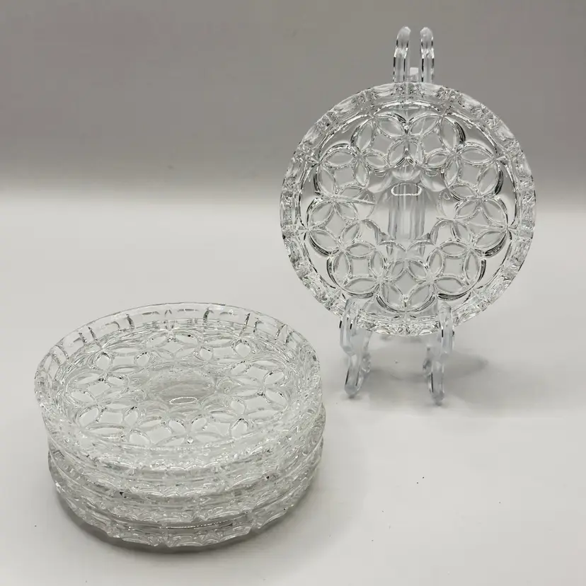Vintage Echt Bleikristall 24% Lead Crystal Barware Coaster Set of 5, Intricate Circle Pattern, Mid-Century Modern, By Echt Bleikristall, Made in West Germany