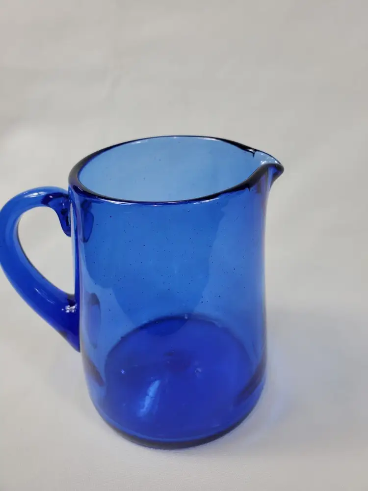 Vintage Handblown Cobalt Blue Art Glass Pitcher W/ Applied Handle 4.75"