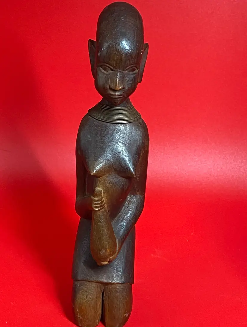 African Wood Carved Woman W/ Metal Necklance Kneeling Holding a Vessel 7.5" Tall