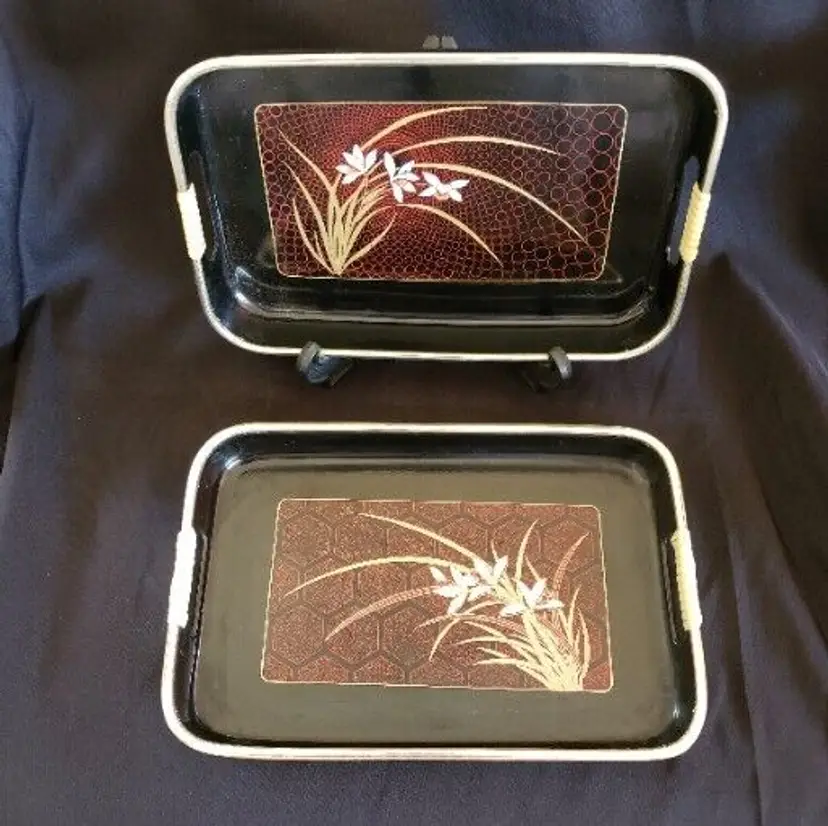 Vintage Asian Black Lacquer Serving Tray Woven Handle Leaves 7" X 11"  set of 2