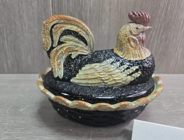 Fenton Folk Art Collection Hand Painted & Signed Hen On Nest Black Glass