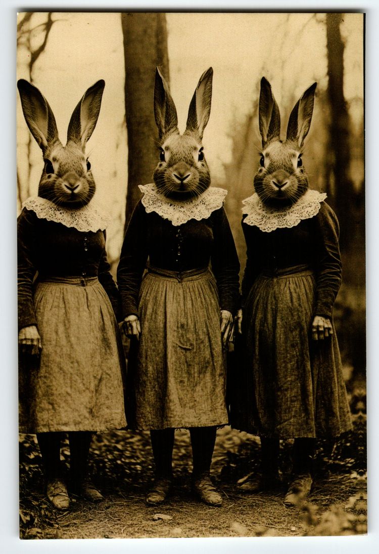 Vintage Photochrome Postcard Three Women with Rabbit Heads Surreal Art Weird