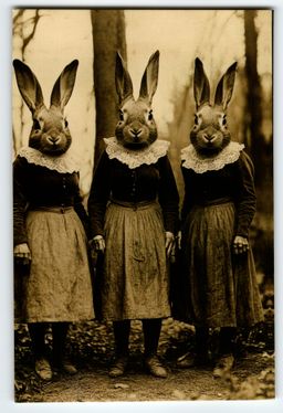 Vintage Photochrome Postcard Three Women with Rabbit Heads Surreal Art Weird
