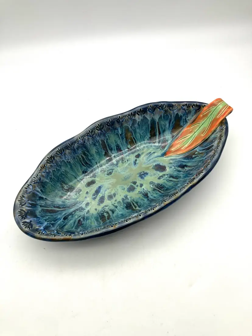 BIN - One Of A Kind Studio Pottery Bowl With Multicolor Glaze, Stamps, And Leaf Handle, Signed