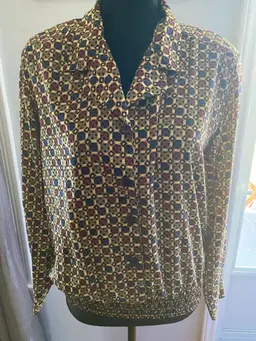 Vintage Notations Brand Long Sleeve Blue, Red Green X and Diamond Abstract Pattern Button Up Blouse Polyester XL
