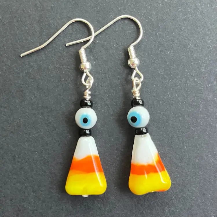 Handmade By Me- Halloween Candy Corn Glass Bead Dangle Earrings, Nickel Free