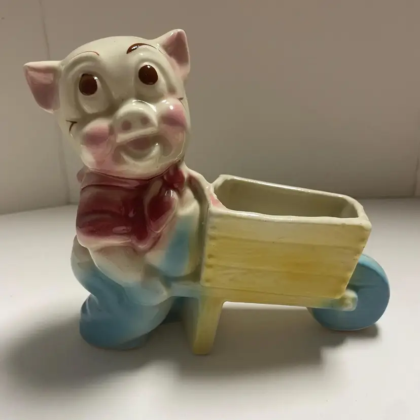 Vintage Pig Pushing Wheelbarrow Planter