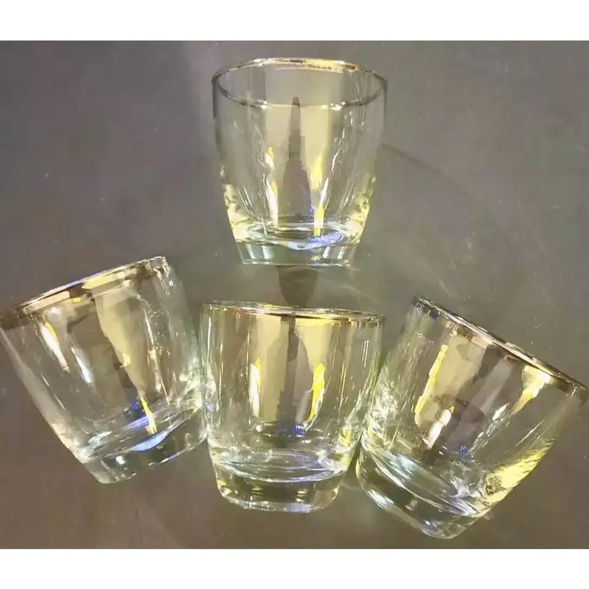 Silver Rim Whiskey Lowball Rock Old Fashion Juice Drink Glass Set of 4