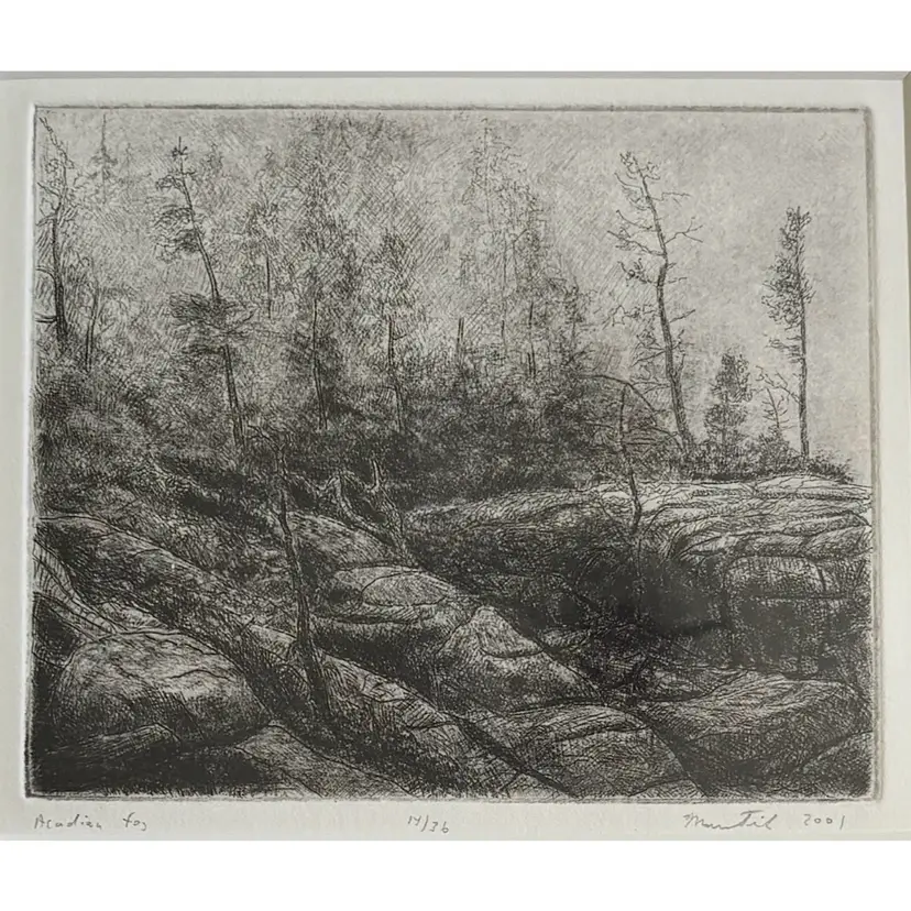 Vintage Framed Marc Fink Acadian Fog Hand Pulled Art Print Black White Gray