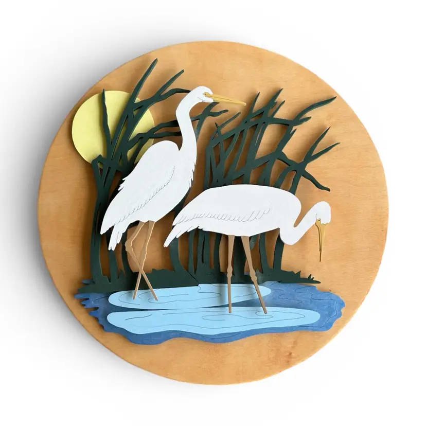 Handcrafted Baltic Birch Wood Heron Scenic Wall Decor