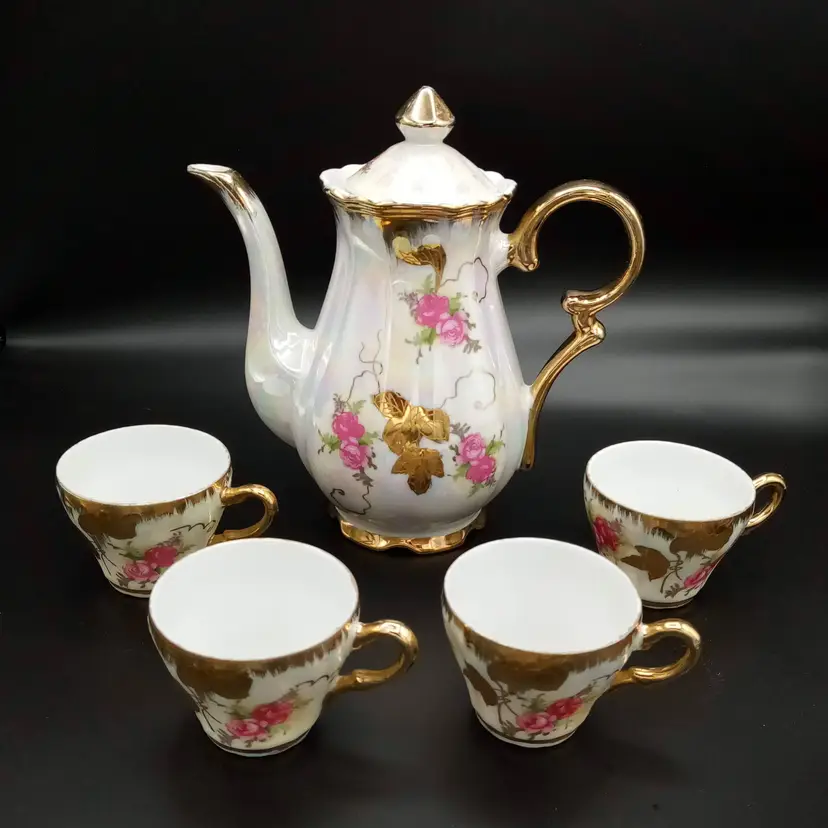 #028 Vintage Sterling China Lusterware Tea Set, Gold Gilt, Florals Japan Demitasse