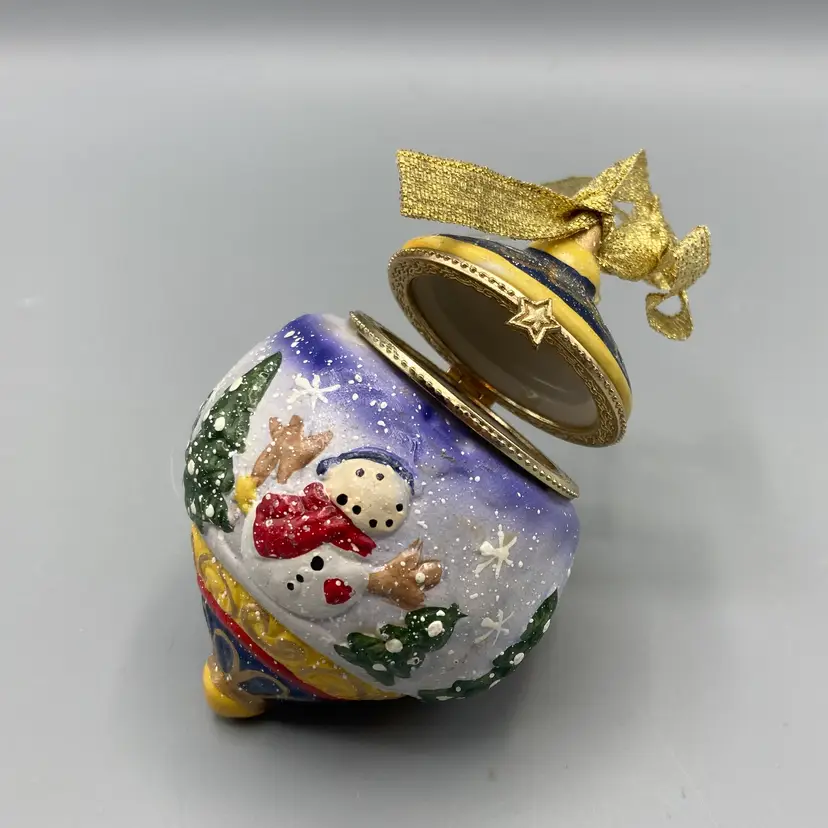 Vintage Hand Painted Hinged Trinket Box Christmas Ornament Snowman