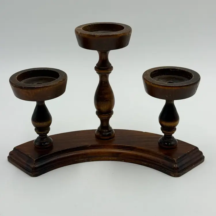 Cornwall Curved Triple Graduated Candelabra Wooden Vintage MCM Candle Holder