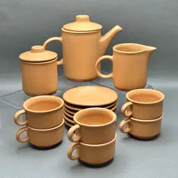 Vintage Nerina Louveira Brazil Terracotta Demitasse Set: Coffee Pot, 6 Cups Saucers, Creamer, Sugar