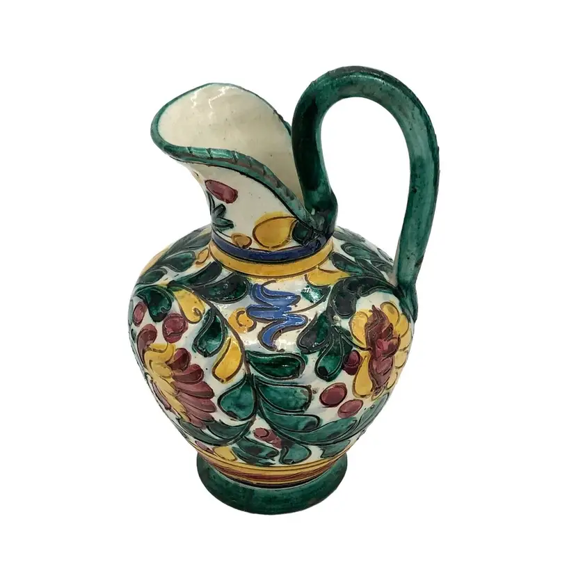 Pitcher Pottery Antique Italian Majolica Pottery Pitcher with Flower Motif - Signed M.B.D.