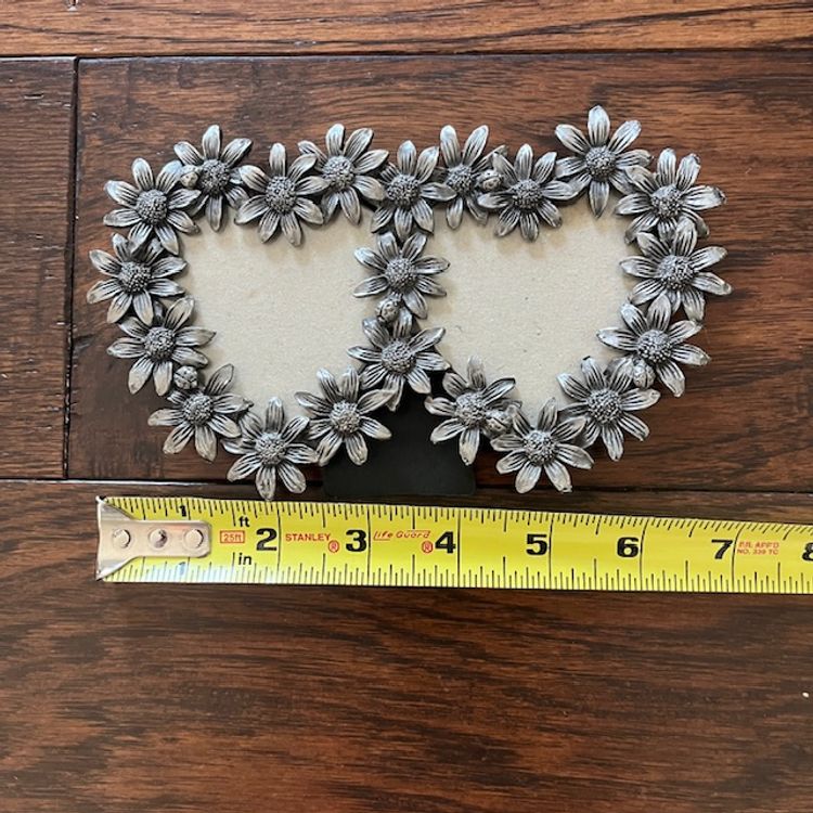 Double Heart Metal Frame Flowers and Lady Bugs Holds 2.5" x 2.5" Photo