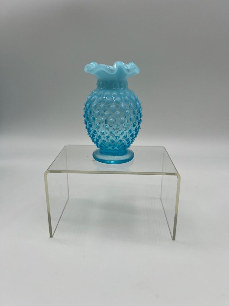 Vintage Fenton Blue Opalescent Ruffled Hobnail Small Glass Bud Vase