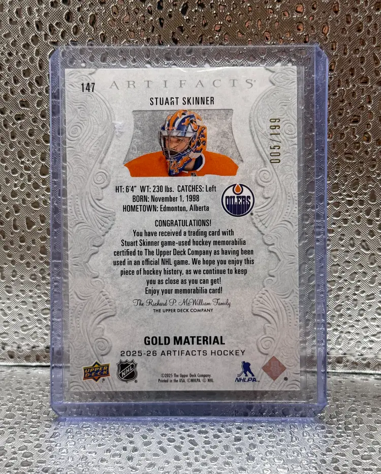 Stuart Skinner - 2025-26 Artifacts Hockey - Gold Materials - Edmonton Oilers
