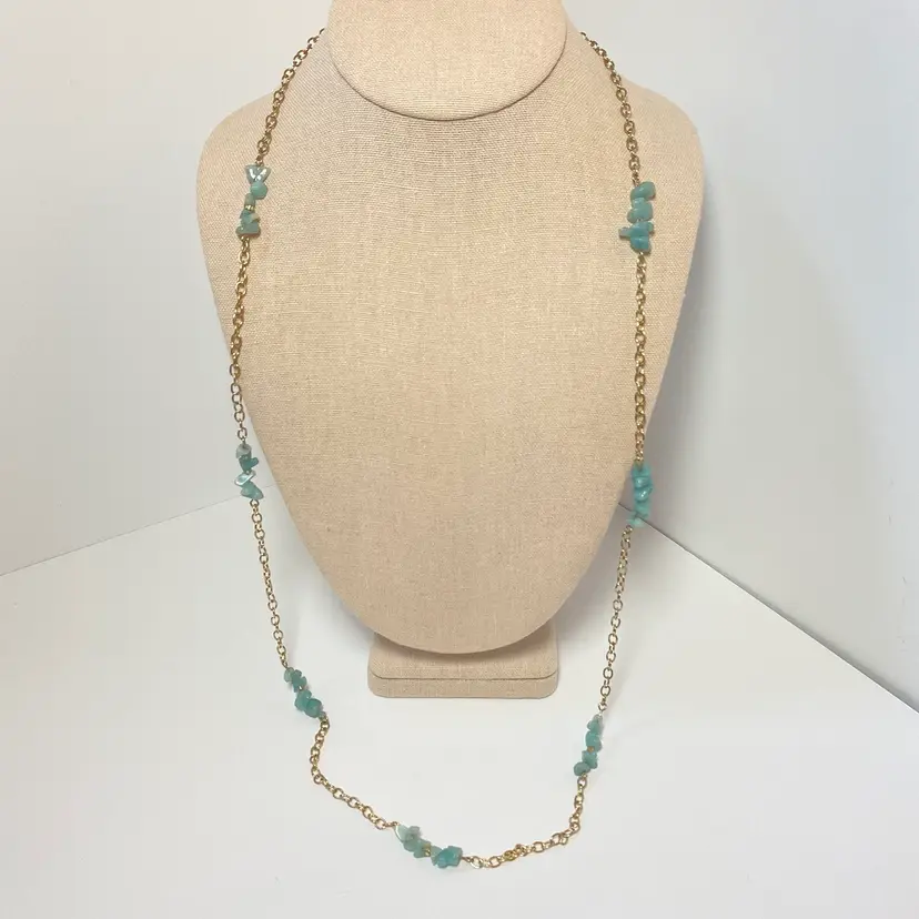 Blue Chalcedony Chip Silver Tone Long Station Chain Necklace Lobster Claw Clasp