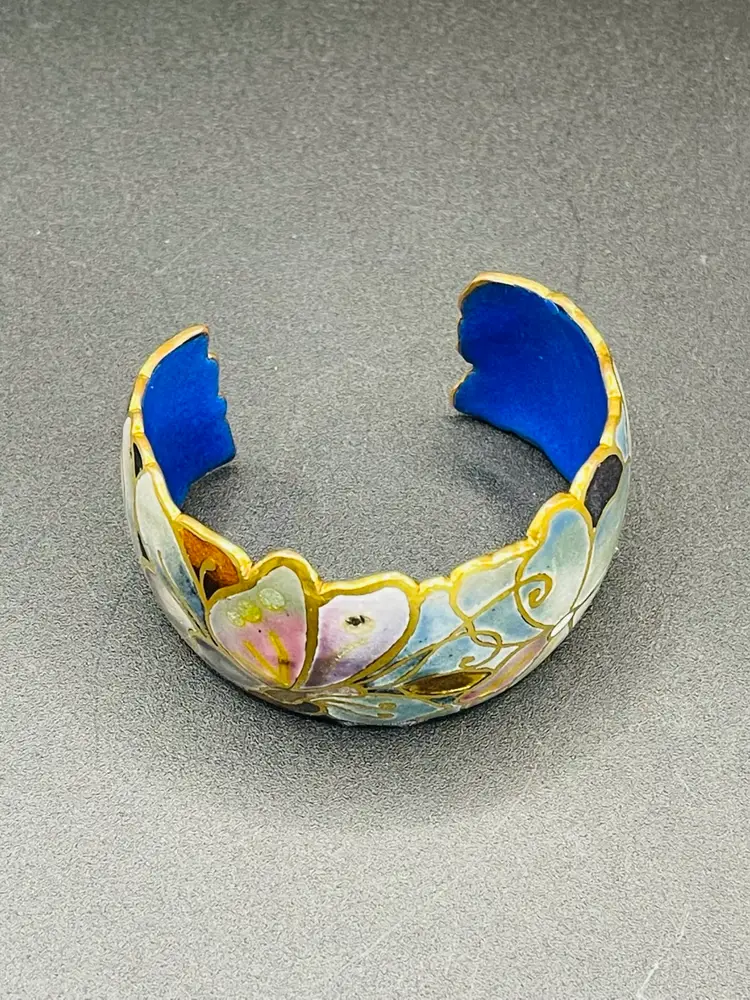 Vintage, Signed David Kuo Champlevé Enamel Cuff Bracelet Butterfly And Flowers