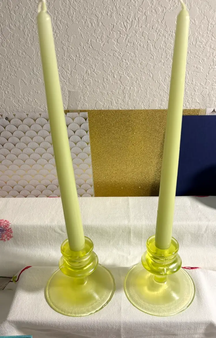 Vintage Vaseline Uranium Glass Candlestick Holders With Candles 4” Tall X 4.25” Wide