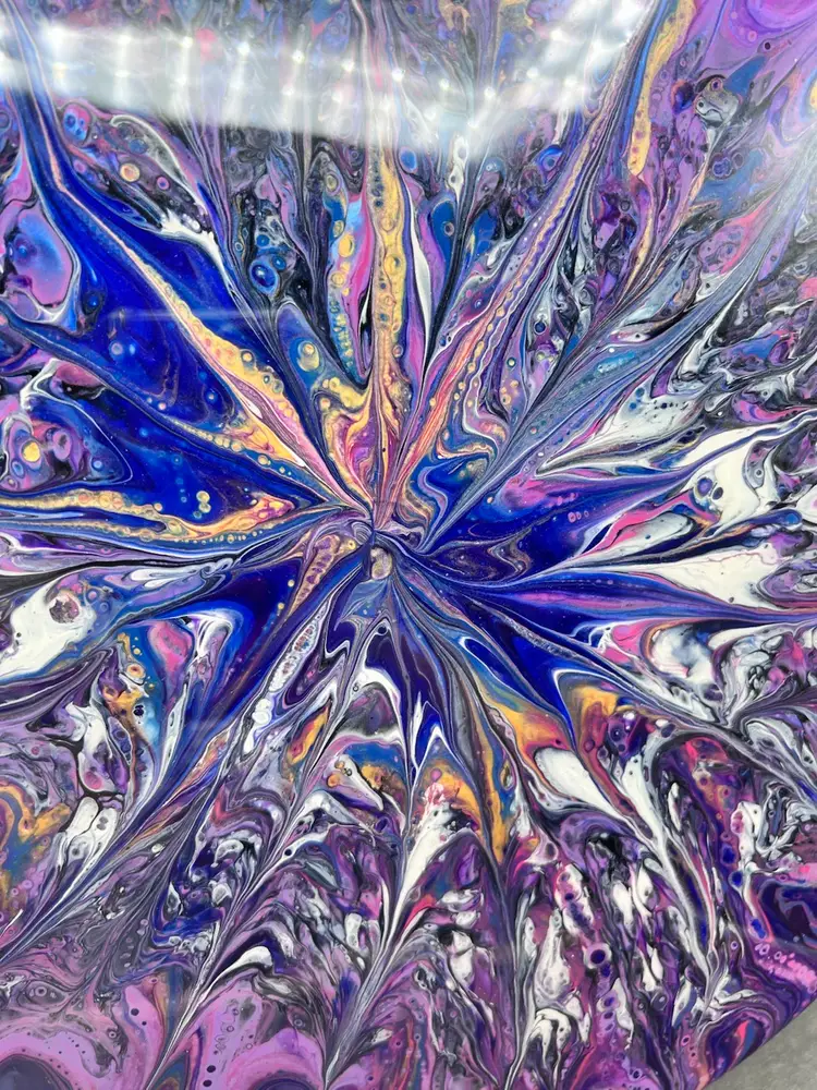 Original Artwork Acrylic Pour On 33 Record Resin Sealed.  Purple With Multicolor Flower Swipe In Center. Lots Of Cells