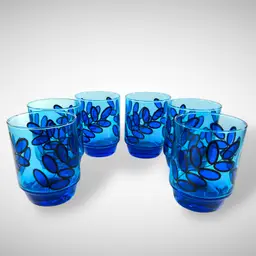 Set of 6 Electric Blue Glass Tumblers Abstract Leaf Design Vintage Barware