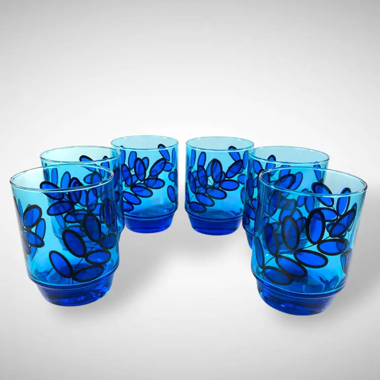 Set of 6 Electric Blue Glass Tumblers Abstract Leaf Design Vintage Barware