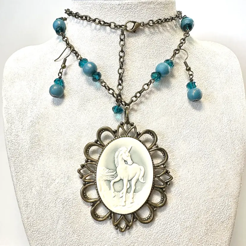 Jewelry Set Unicorn Cameo Necklace Earrings Set Bead Accents Brass Tone Repurposed Handmade 24”L